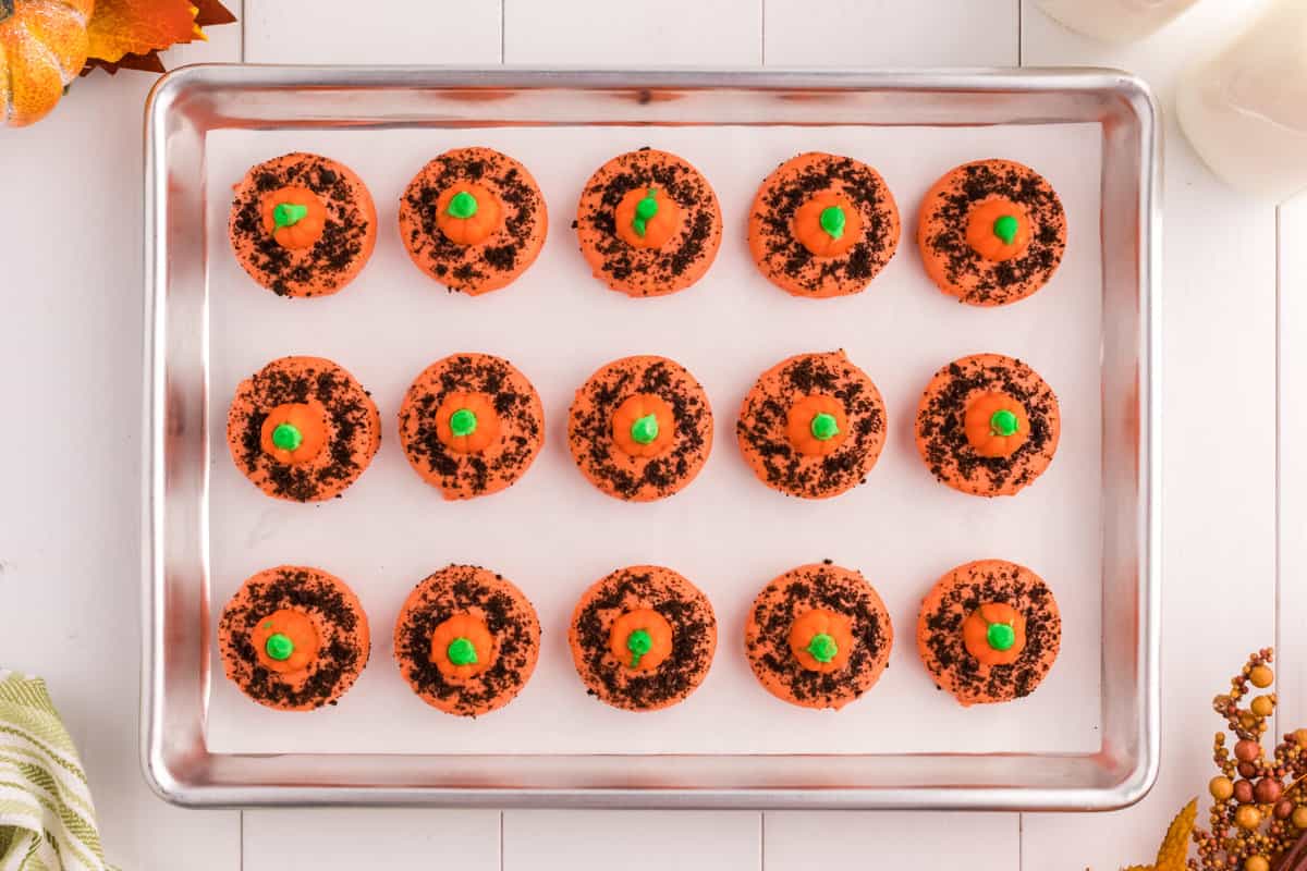 Cookie Sheet full of Pumpkin Cookies.