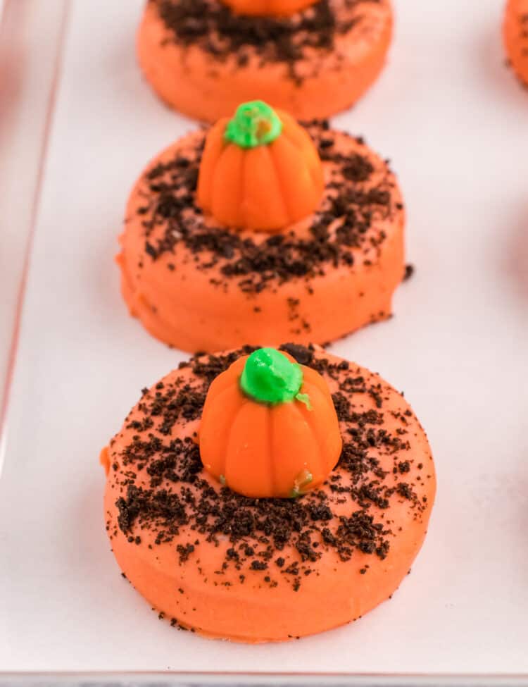 Close up photo of three Pumpkin Patch Cookies.