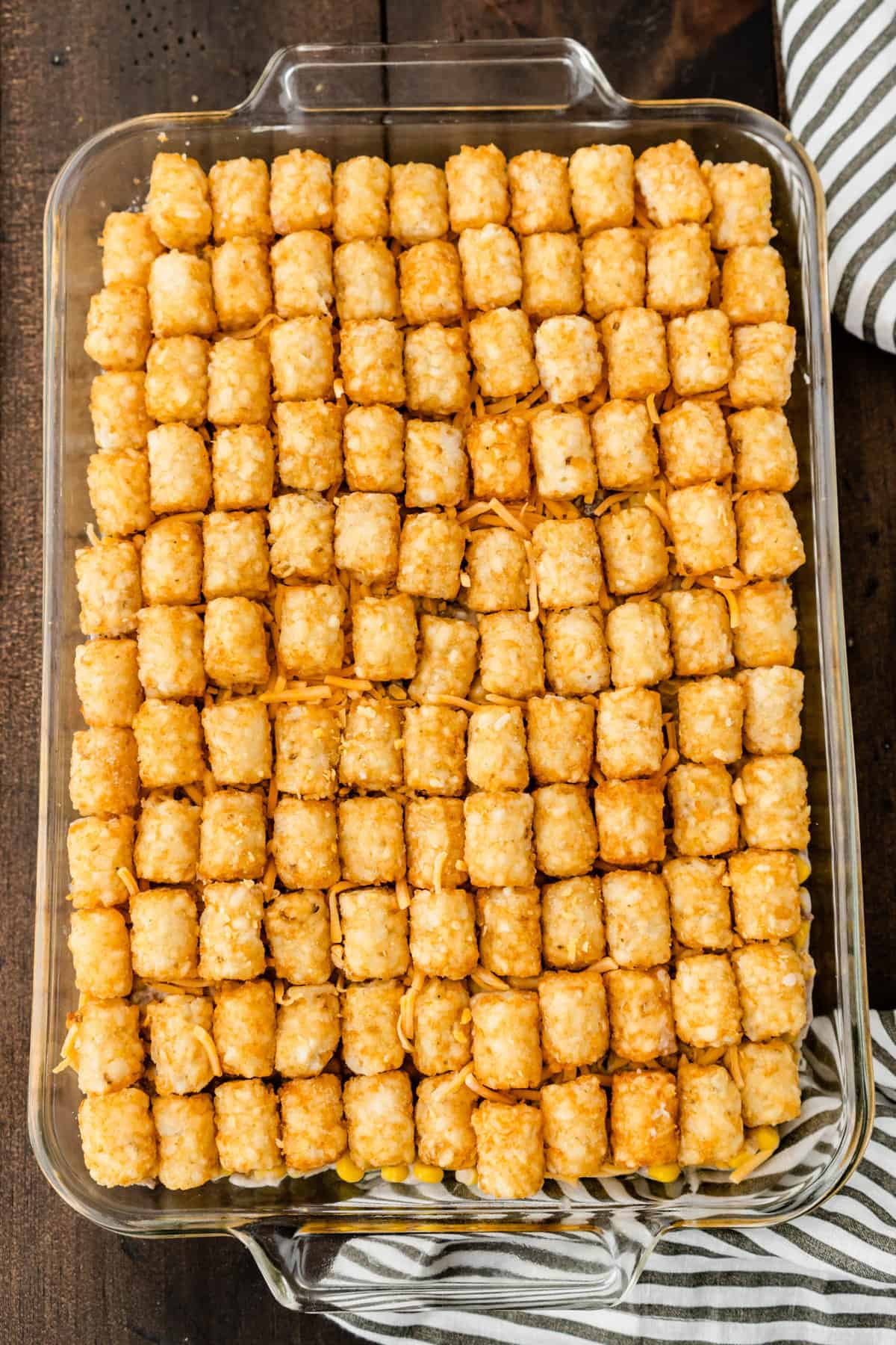 After ground beef mixutre is spread in 9x13 baking dish, tator tots are lined overtop of the Tator Tot Casserole