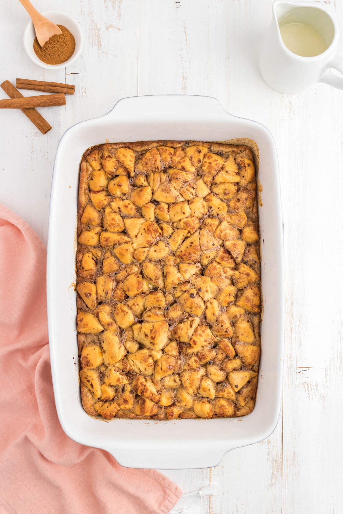 Cinnamon Roll Casserole baked to a golden brown in 9x13 baking dish