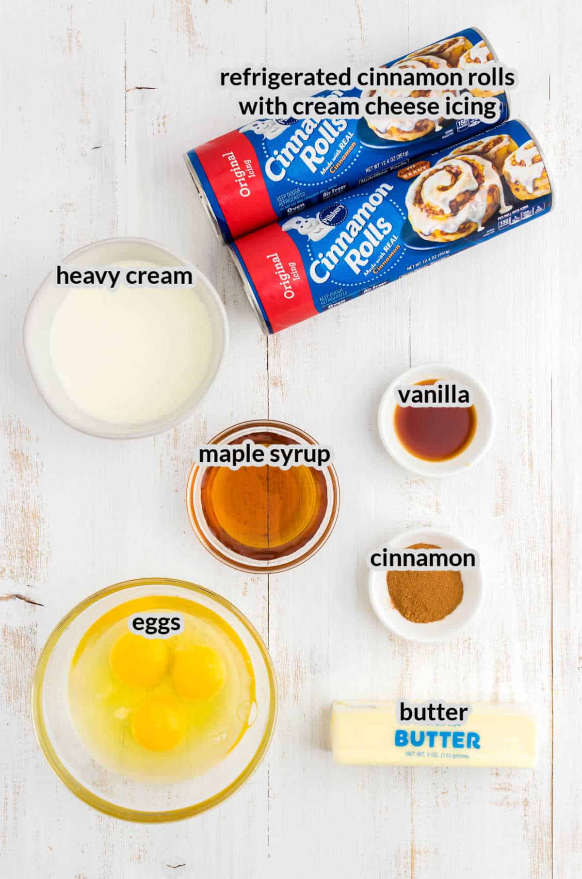 Overhead Image of Cinnamon Roll Casserole Ingredients