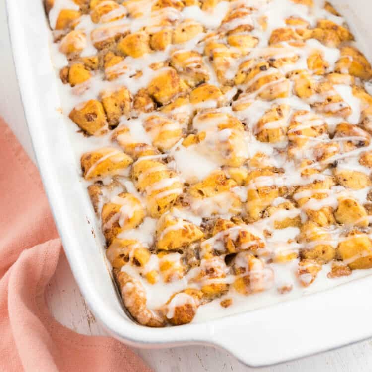 Cinnamon Roll Casserole Square Image in Baking Dish