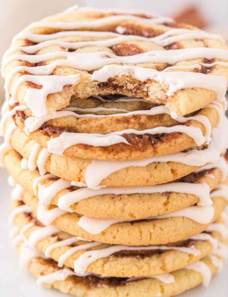Cinnamon Roll Cookies stacked on white plate