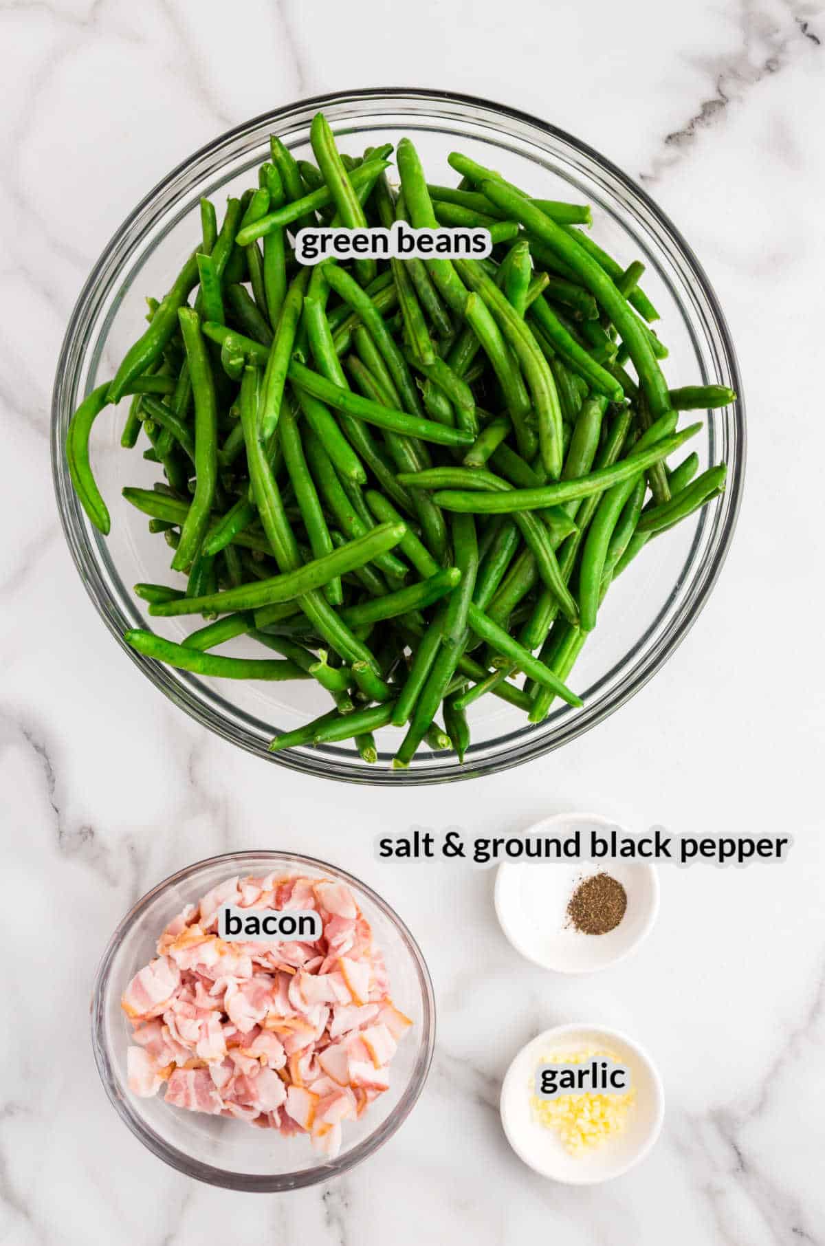 Overhead Image of Green Beans with Bacon Ingredients