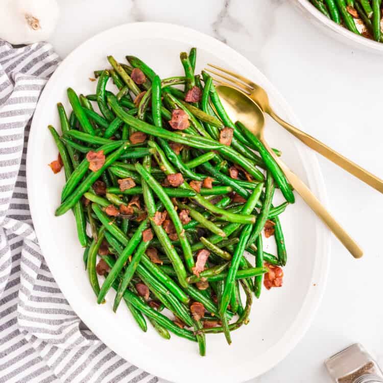 Green Beans with Bacon in white serving dish