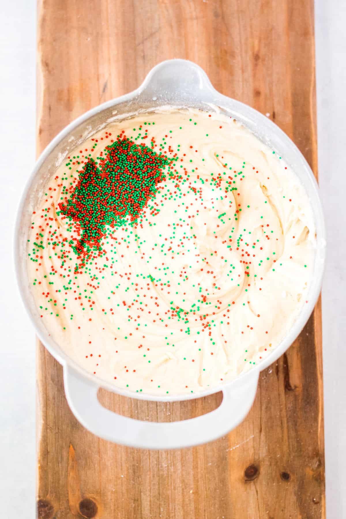 Stir sprinkles into the cake batter.