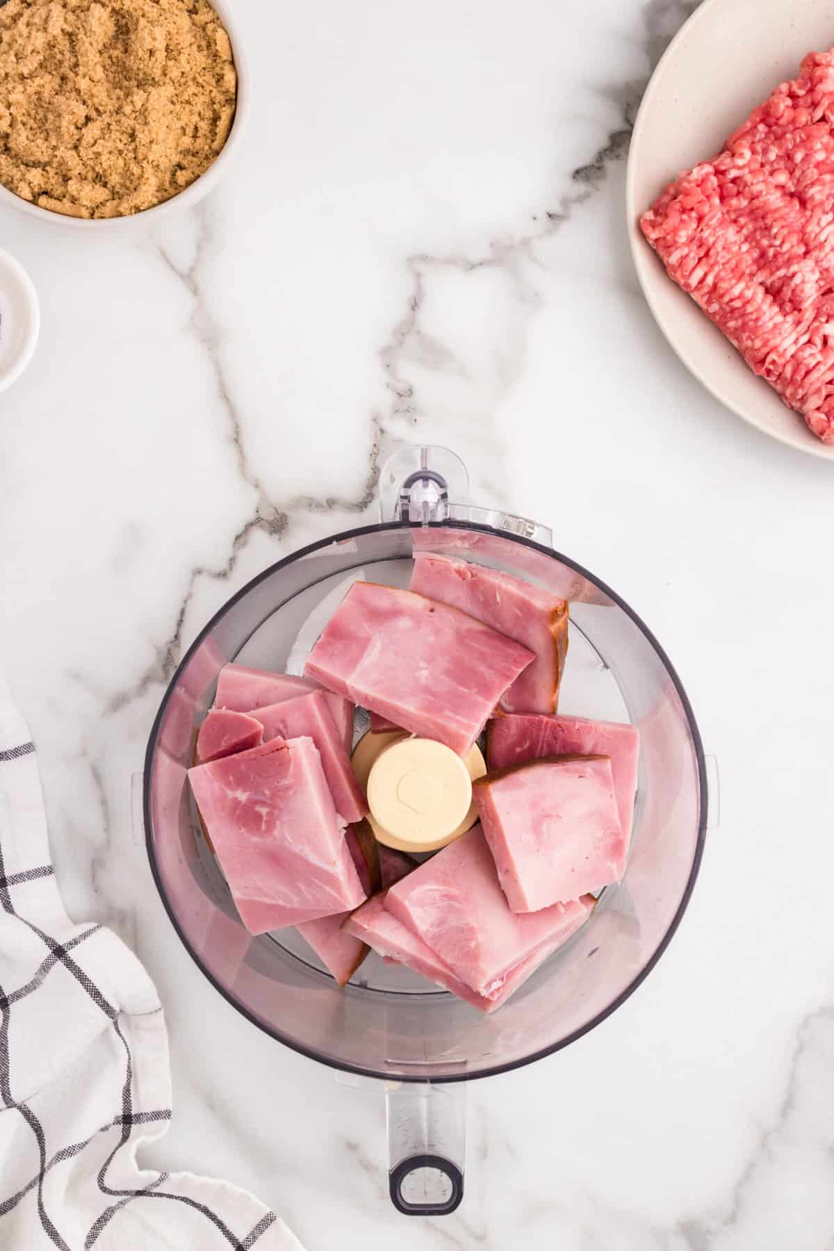 Ham chunks in food processor for Ham Balls recipe