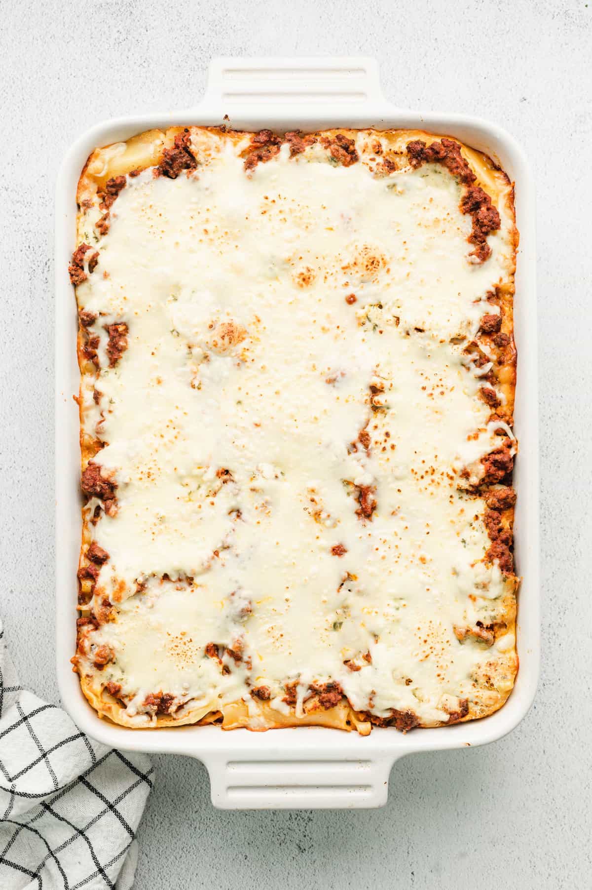 Easy Lasagna in baking dish just out of the oven