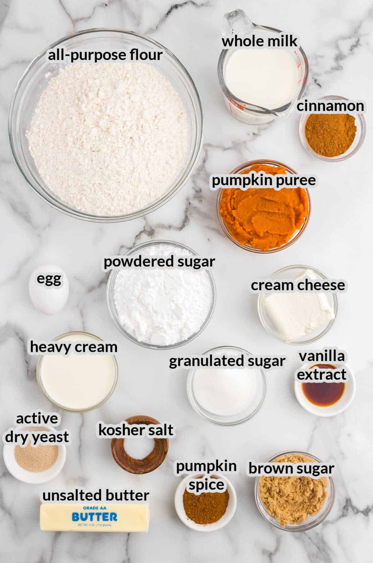 Overhead Image of Pumpkin Cinnamon Rolls Ingredients