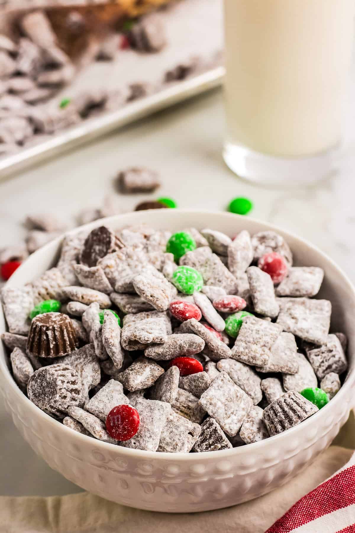 a white bowl filled with Reindeer Chow.