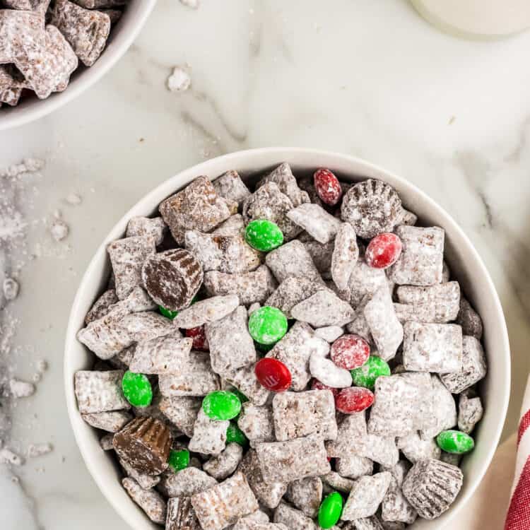 Overhead view of a white bowl of Reindeer Chow.