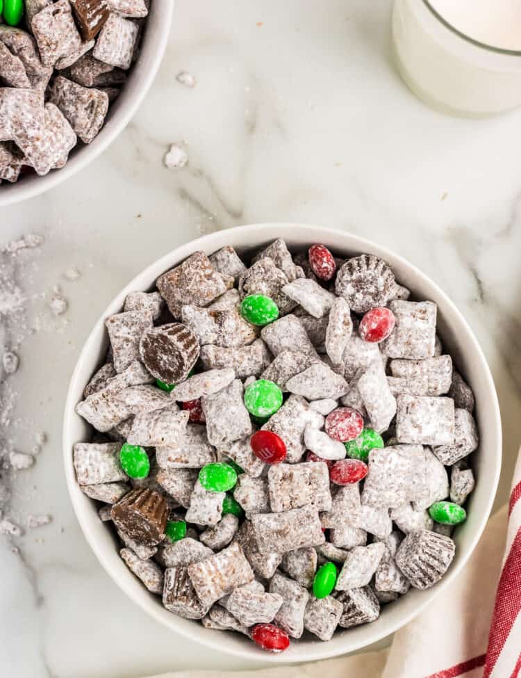 Overhead view of a white bowl of Reindeer Chow.