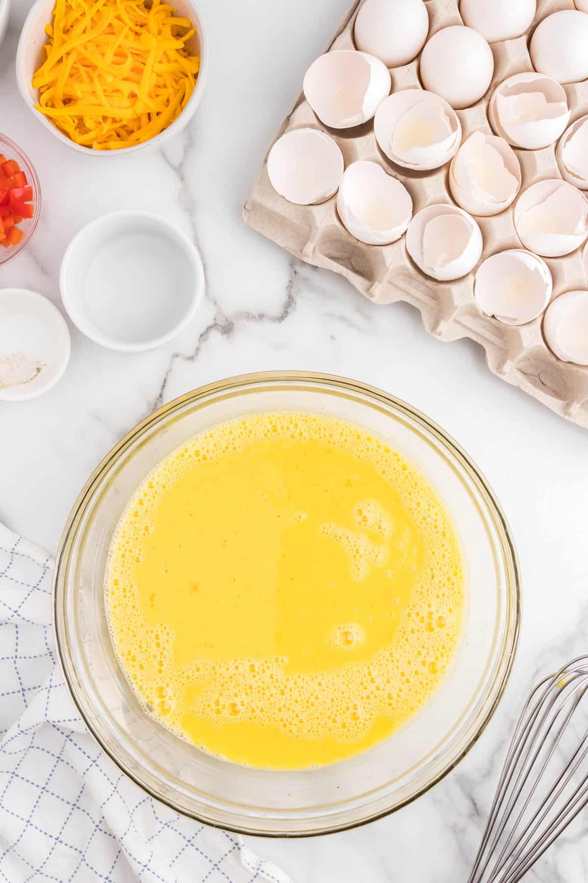 Whisked egg mixture of Sheet Pan Eggs in the Oven