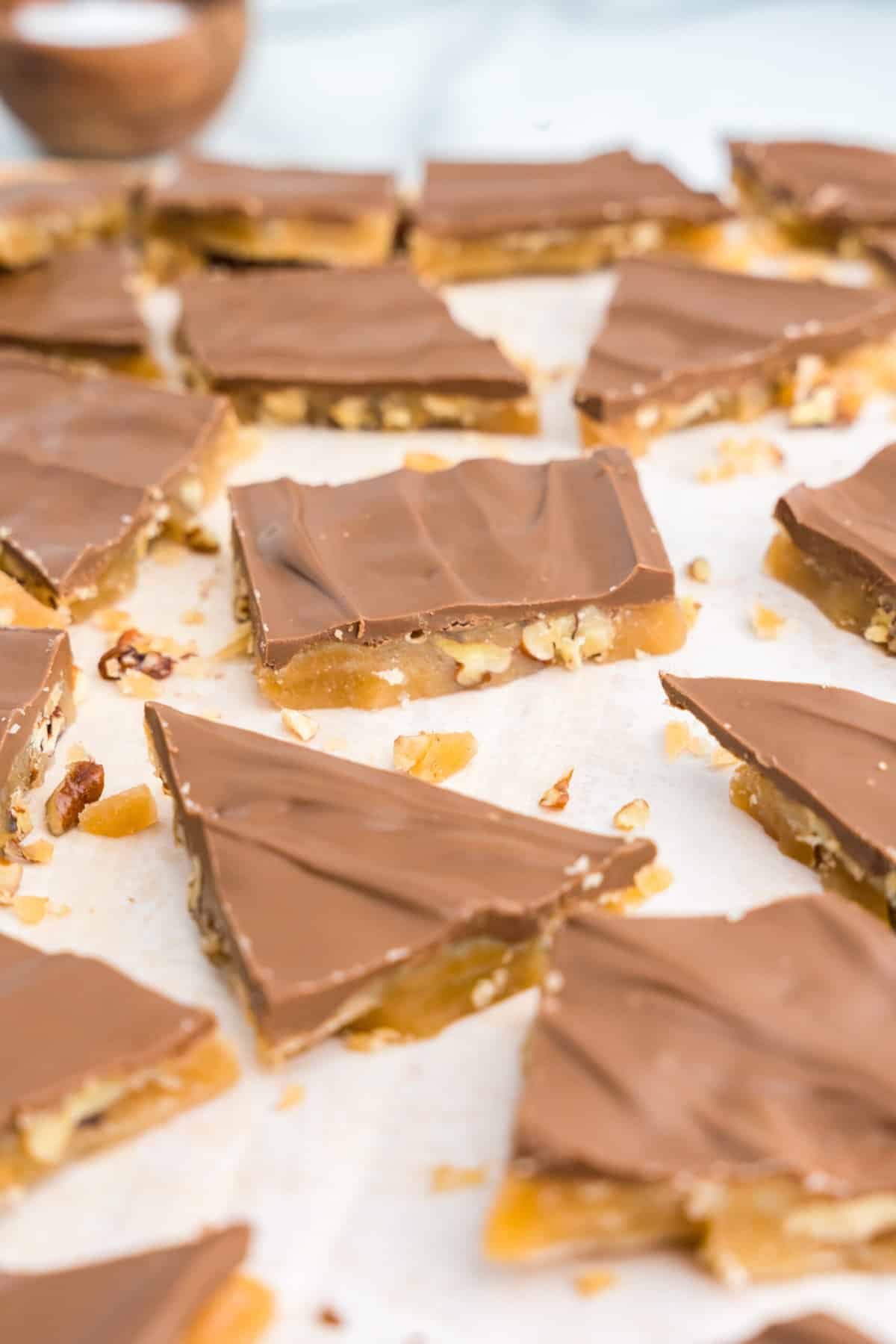 Broken apart Homemade Toffee pieces ready to enjoy or give as a gift