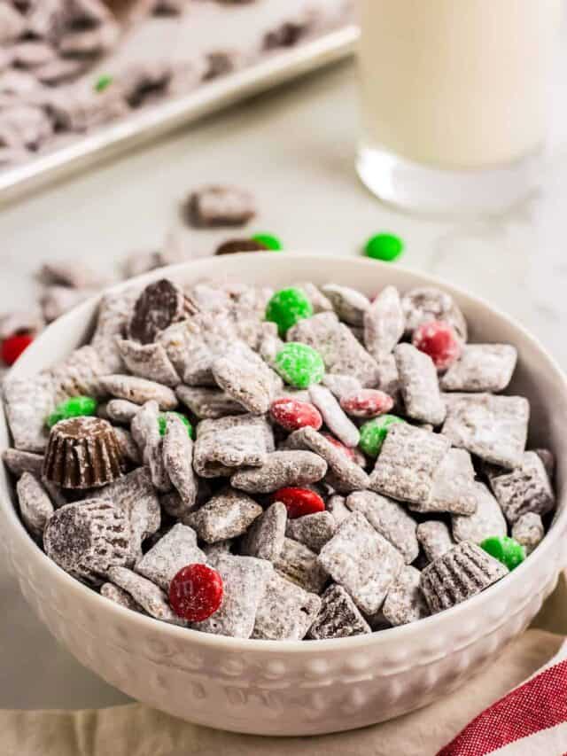 a white bowl filled with Reindeer Chow.