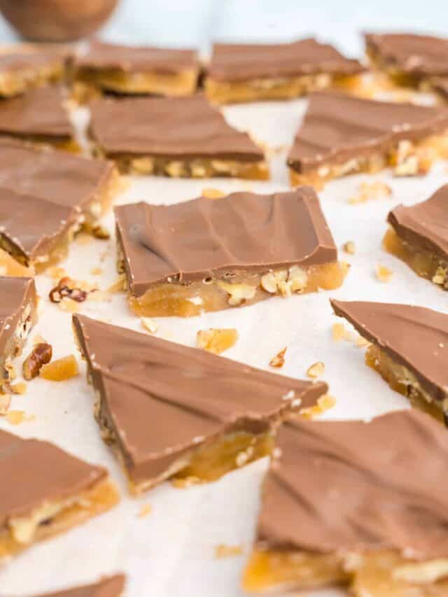 Broken apart Homemade Toffee pieces ready to enjoy or give as a gift