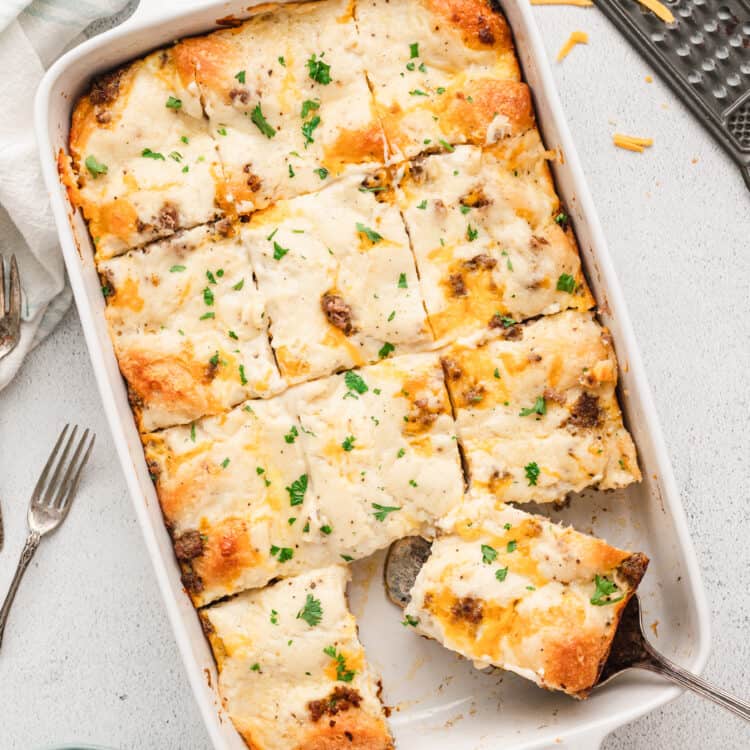 Overhead image of Biscuits & Gravy Casserole cut into pieces