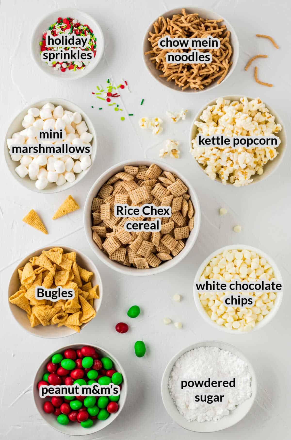 Overhead Image of the Buddy the Elf Snack Mix Ingredients