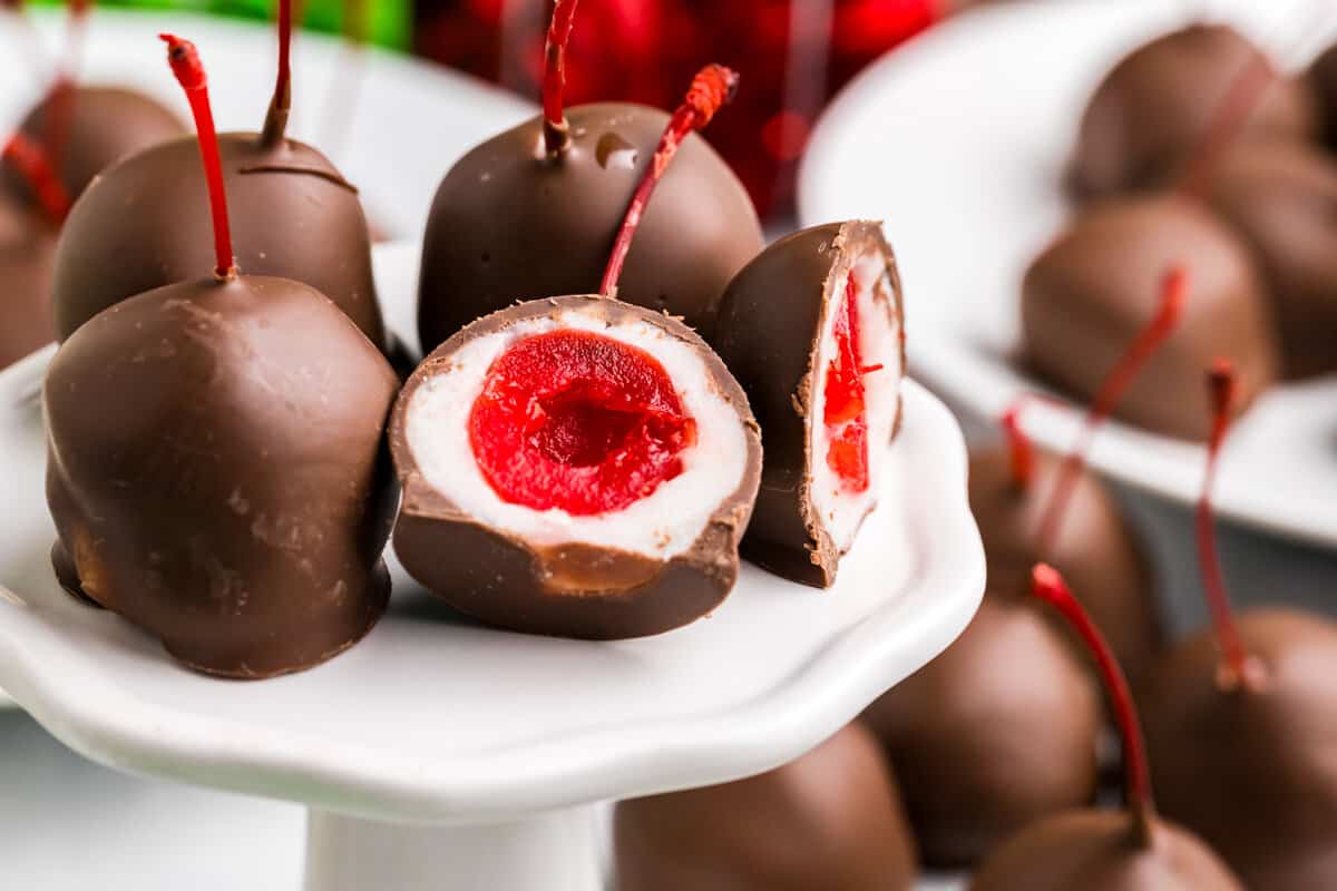 Chocolate Covered Cherries on pedestal serving platter