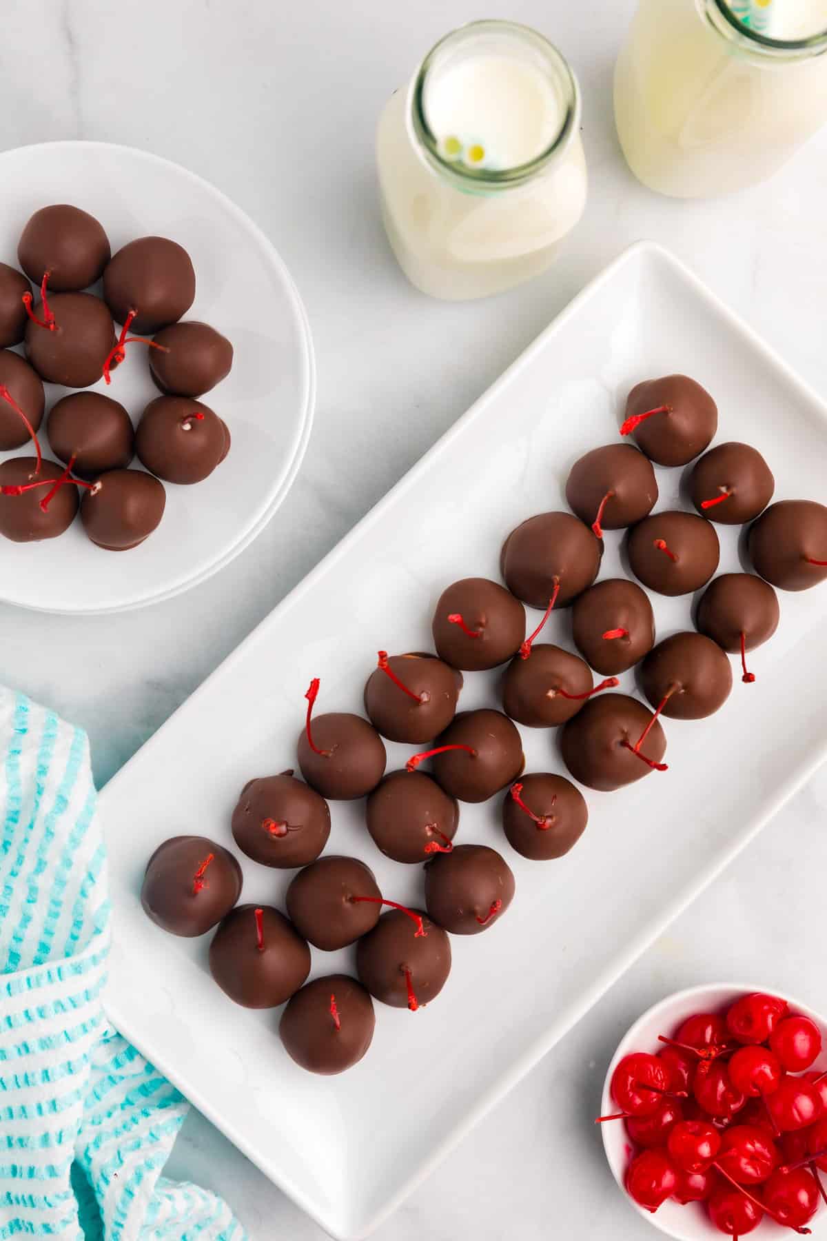 Chocolate Covered Cherries lined on serving tray