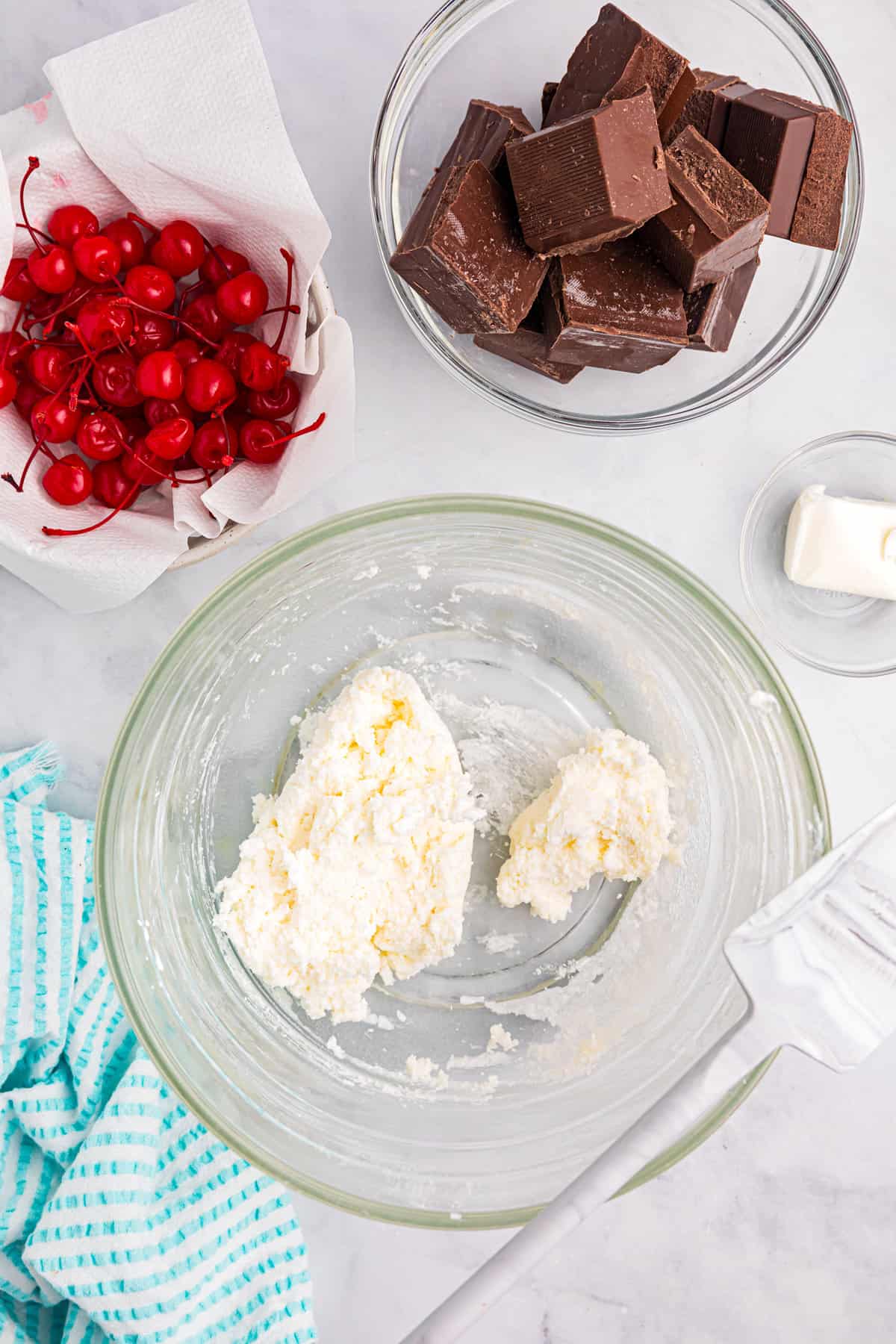 Creamed sugar and butter in mixing bowl for Chocolate Covered Cherries