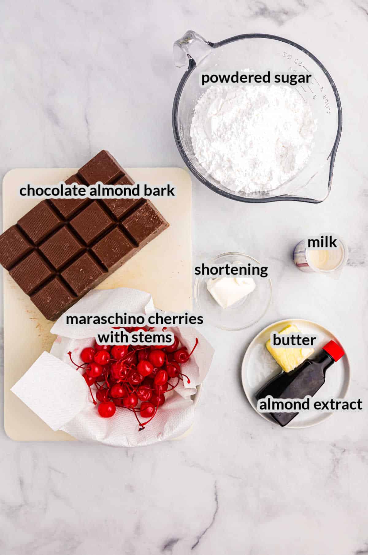 Overhead Image of Chocolate Covered Cherries Ingredients