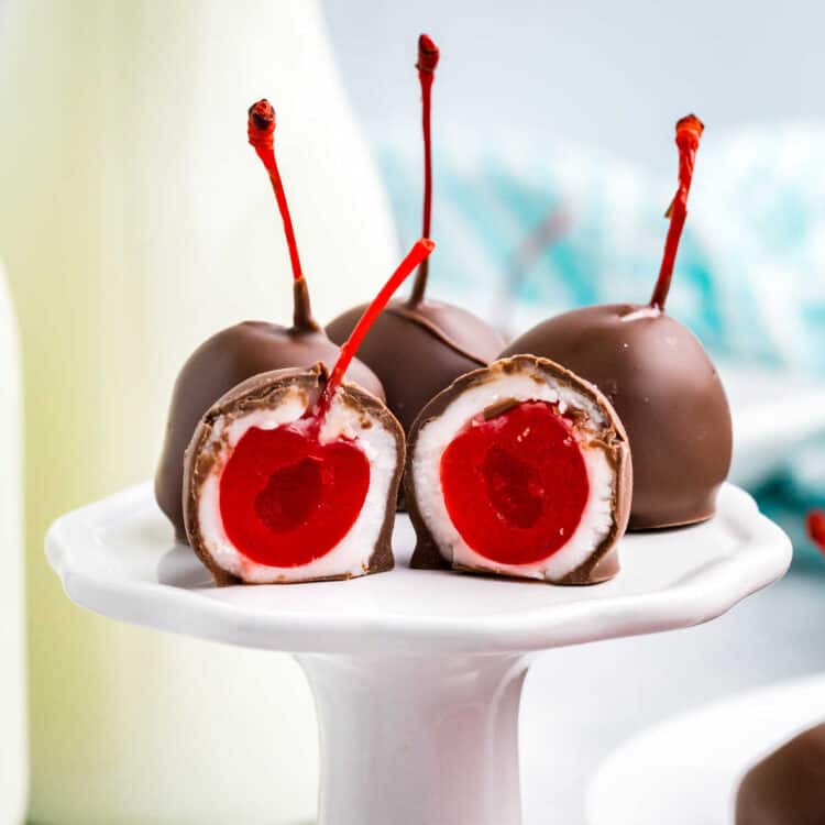 Close up image of Chocolate Covered Cherries arranged on a serving pedestal
