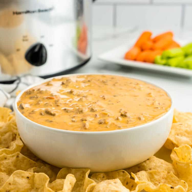 Crock Pot Hamburger Dip in Serving Bowl with Dippers and Crock Pot in Background