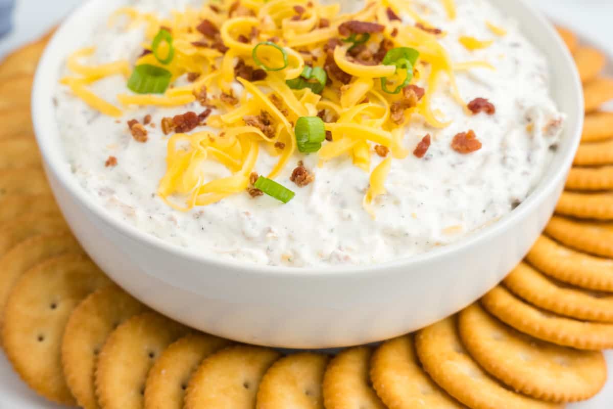 Crack Dip in serving bowl with crackers lining bottom of bowl for dipping