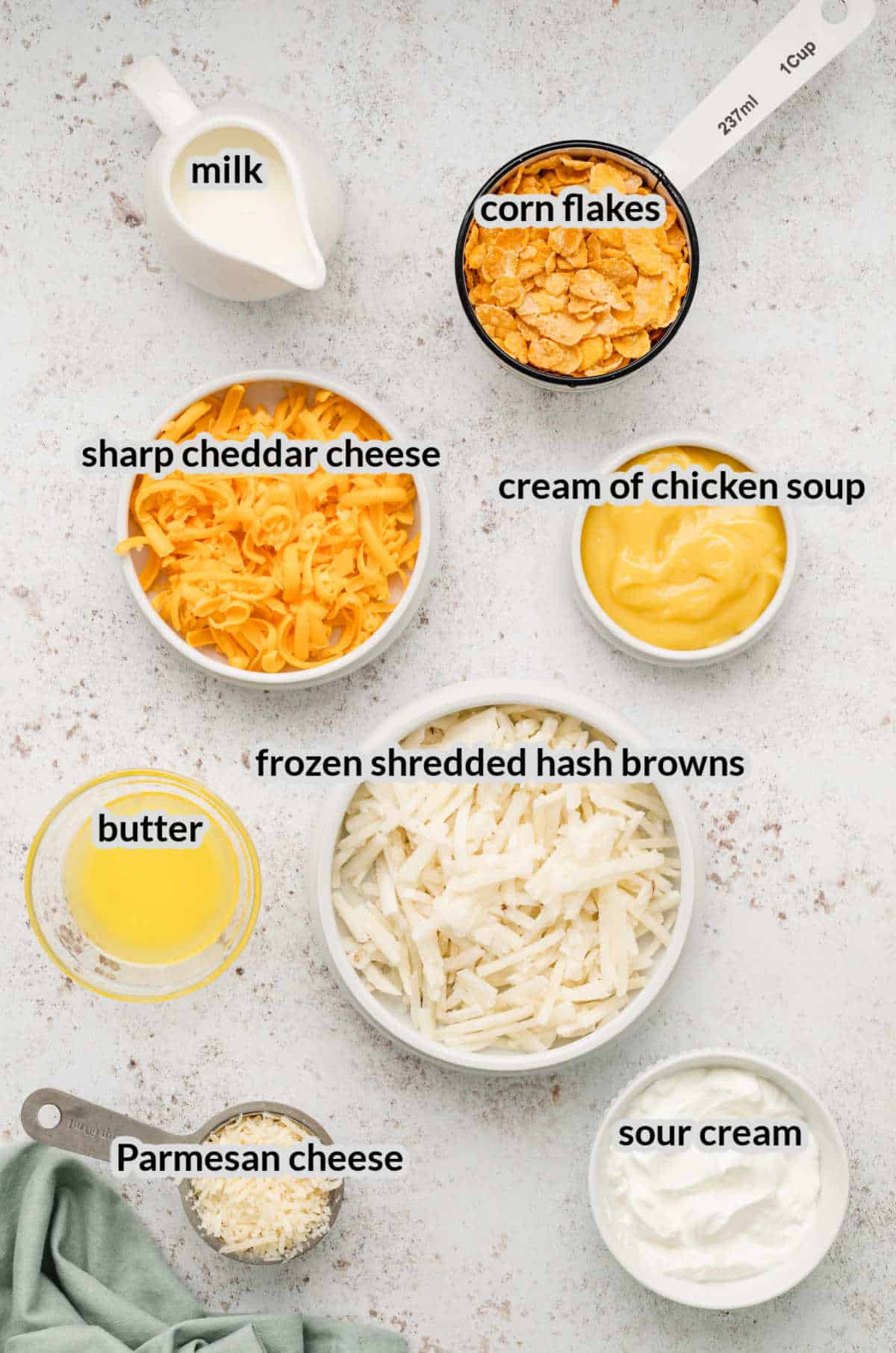 Overhead Image of Funeral Potatoes Ingredients