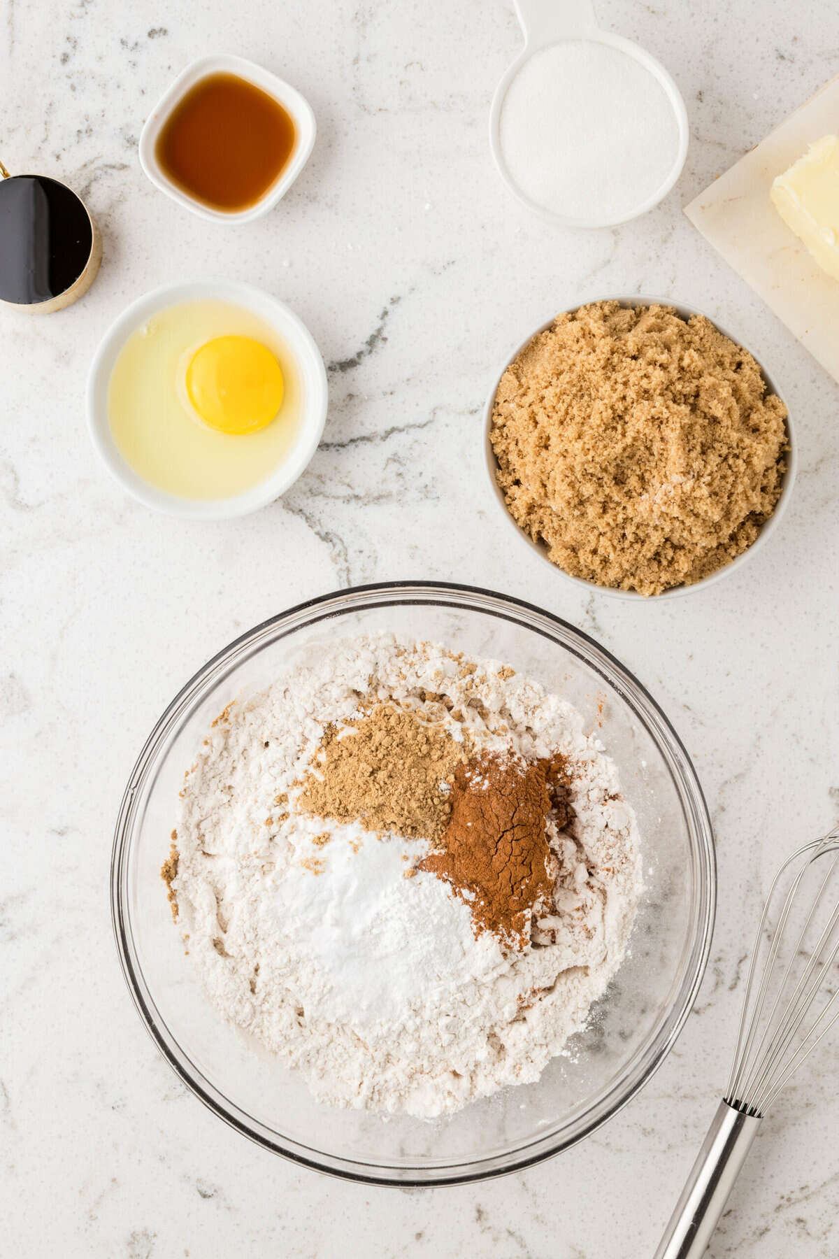 In a Medium mixing bowl add Flour, Ground Ginger, Ground Cinnamon, Baking Soda, Baking Powder and Kosher Salt. Whisk together and set aside.