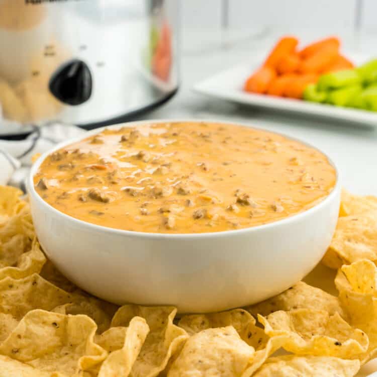 Crock Pot Hamburger Dip in Serving Bowl with Dippers and Crock Pot in Background