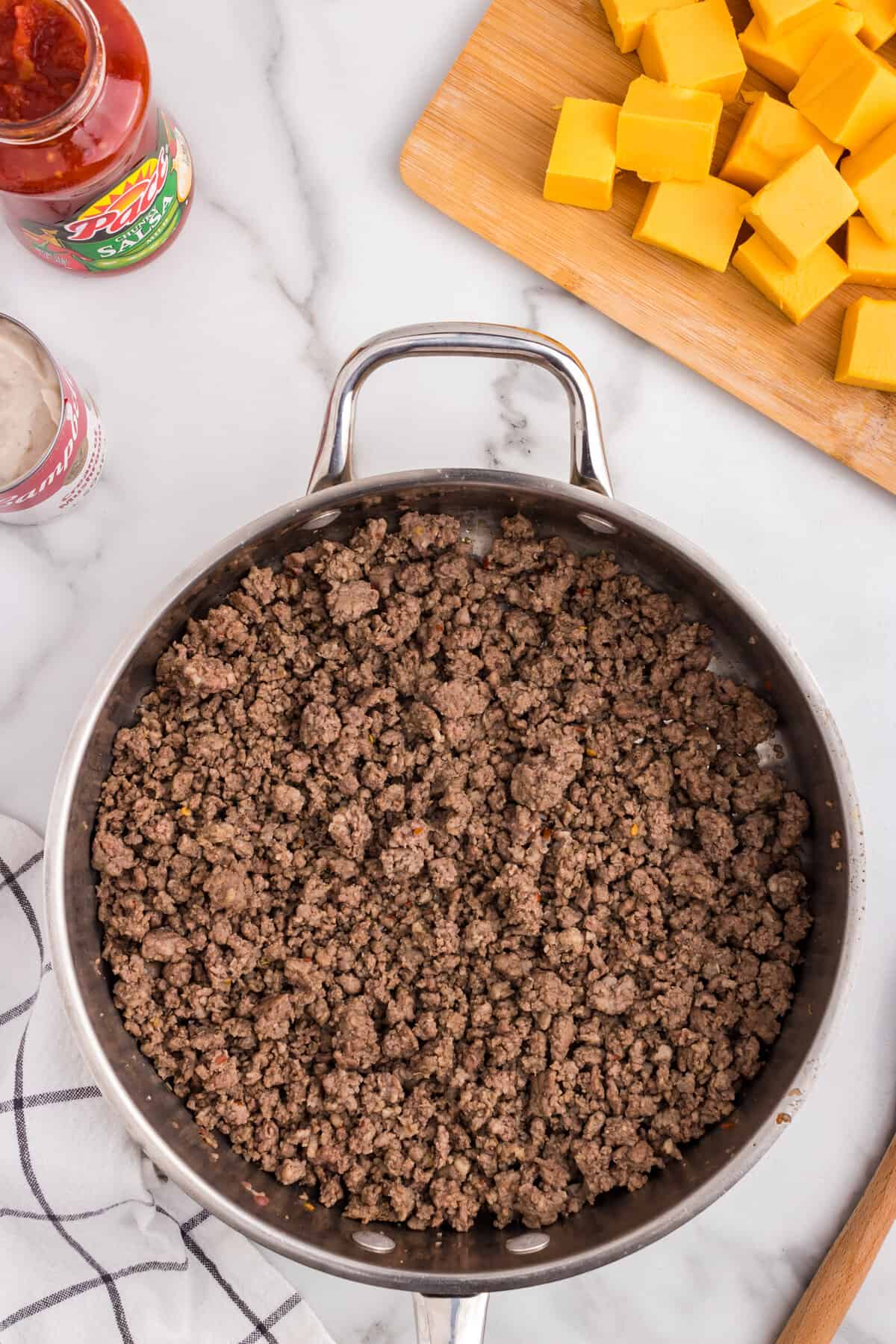 Browned meat in skillet for Crock Pot Hamburger Dip recipe
