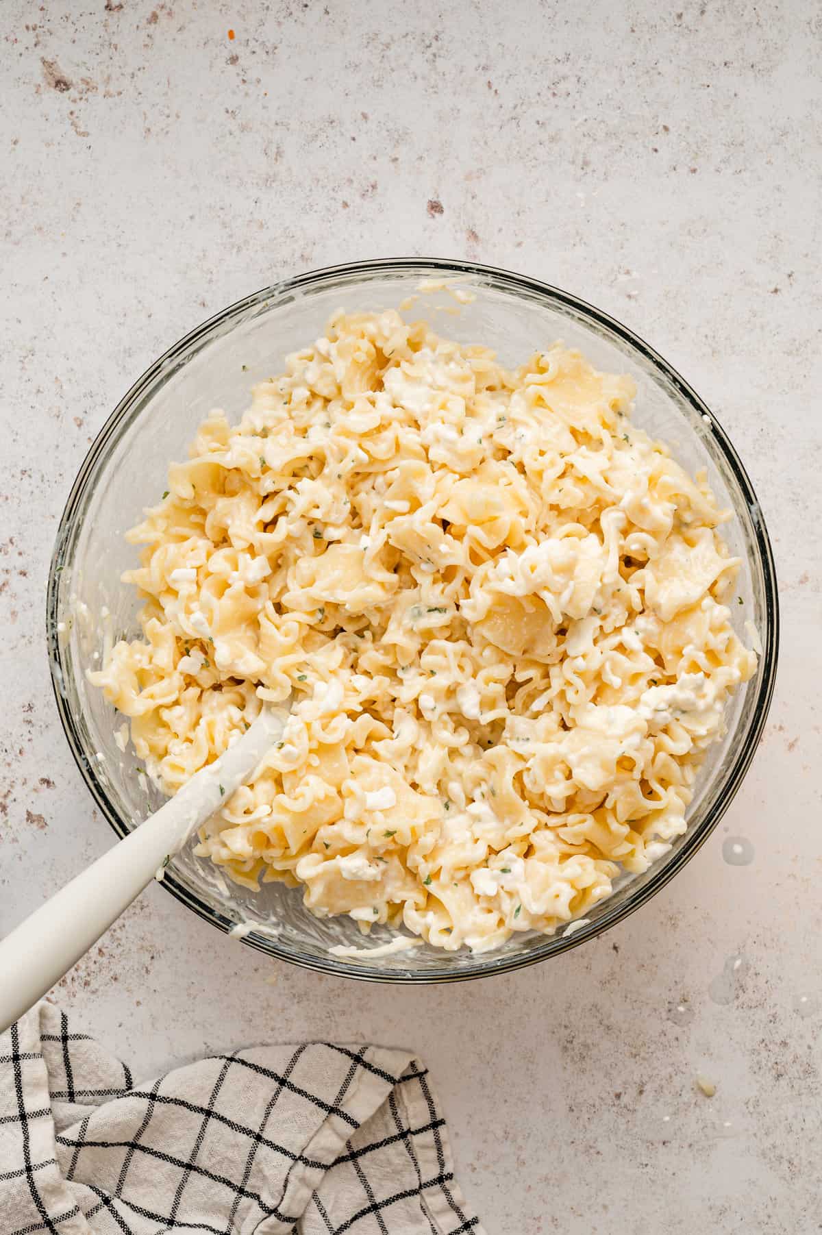 Combined Lasagna Casserole ingredients in glass mixing bowl