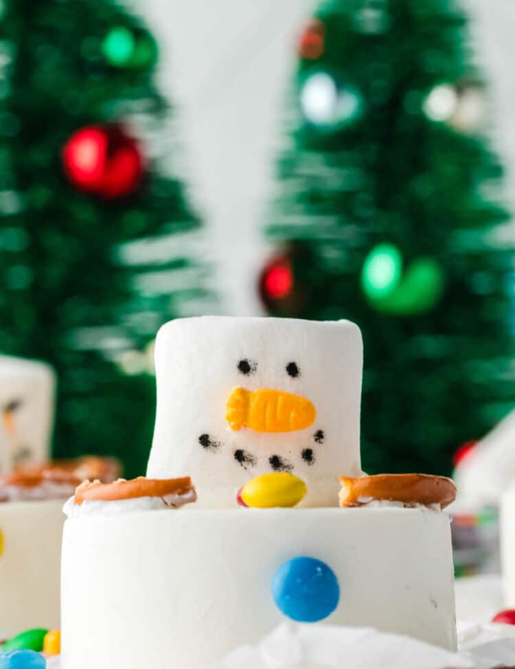 a Completed No Bake Melting Snowman Cookie with Christmas Trees in the Background.