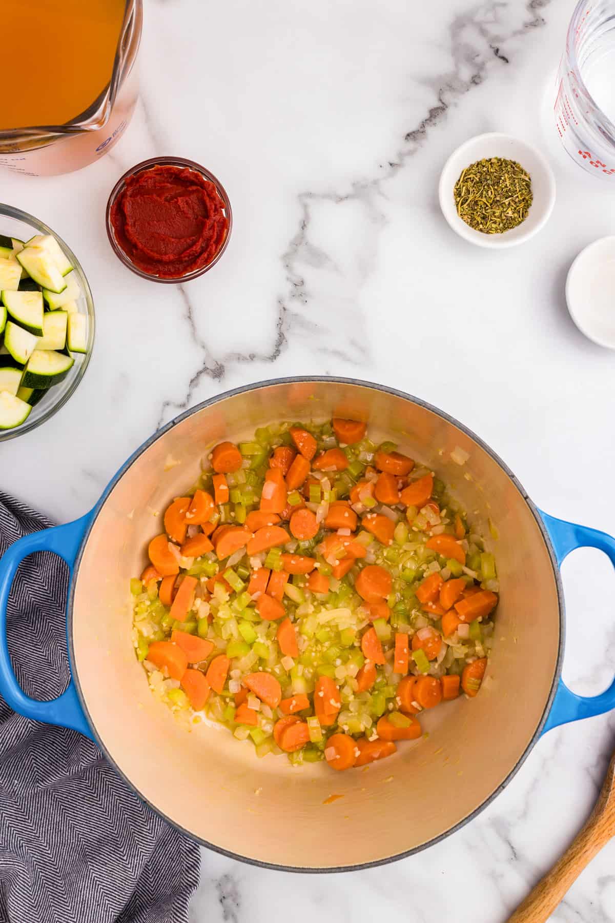 Cooked vegetables in dutch oven for Minestrone Soup recipe