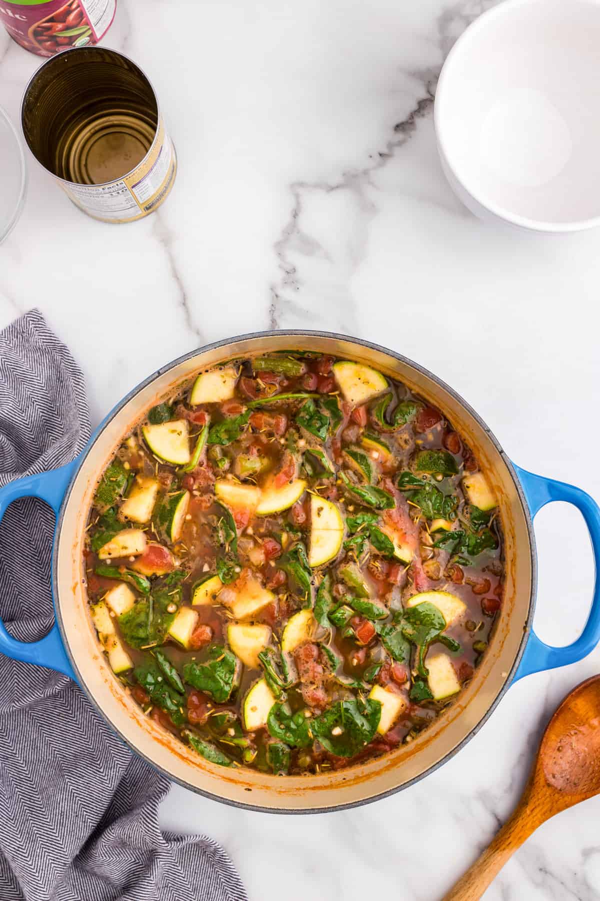 Cooked Vegetable Minestrone Soup in dutch oven