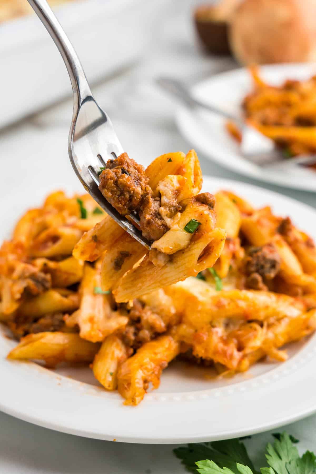 Ground Beef Casserole on plate with fork