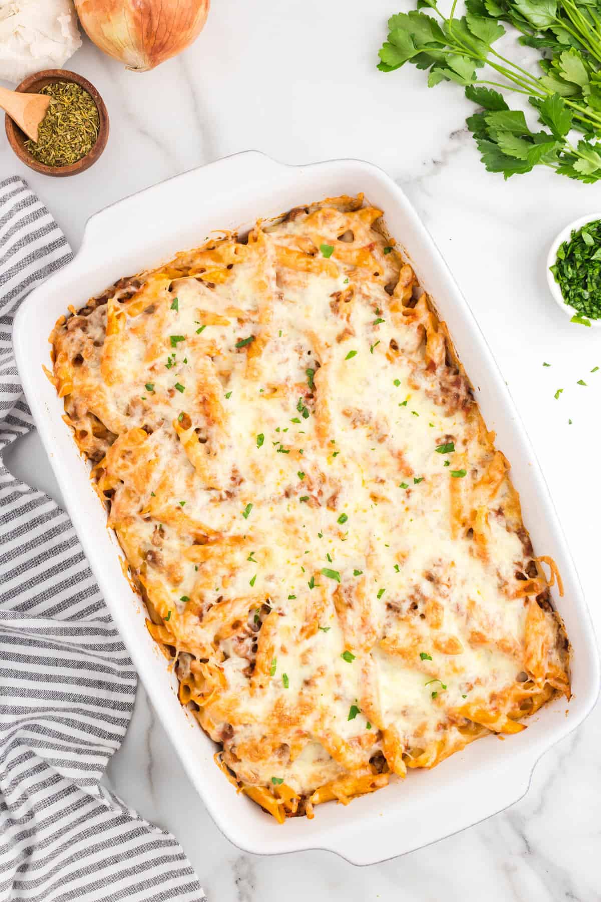 Baked Ground Beef Casserole in 9x13 baking dish