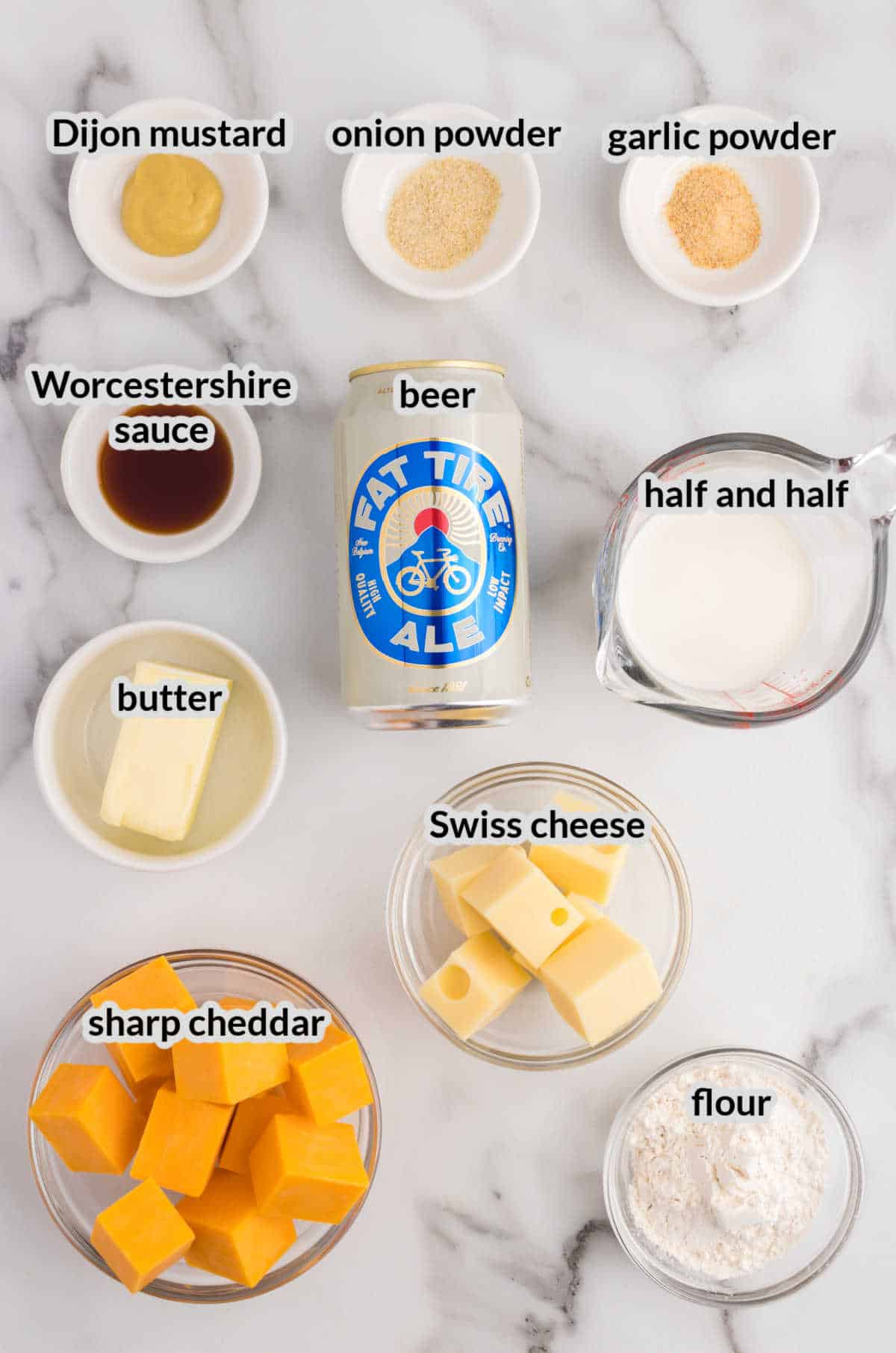 Overhead Image of Beer Cheese Dip Ingredients