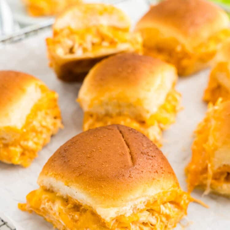 Buffalo Chicken Sliders Scattered on Serving Plate