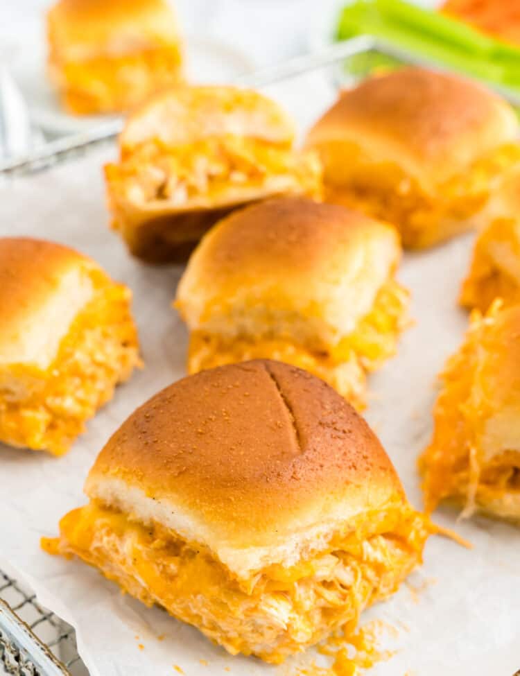 Buffalo Chicken Sliders Scattered on Serving Plate