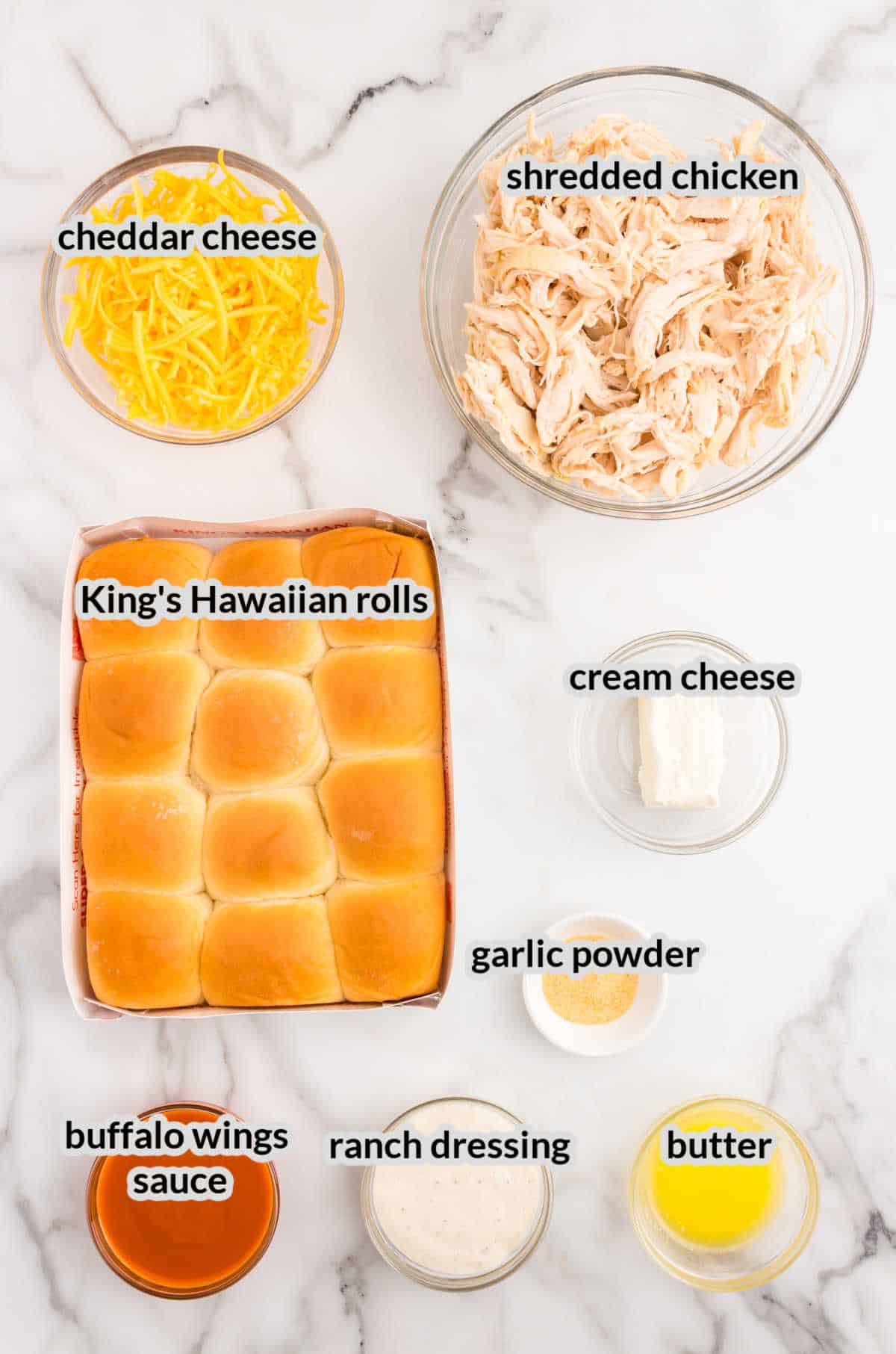 Overhead Image of Buffalo Chicken Sliders Ingredients