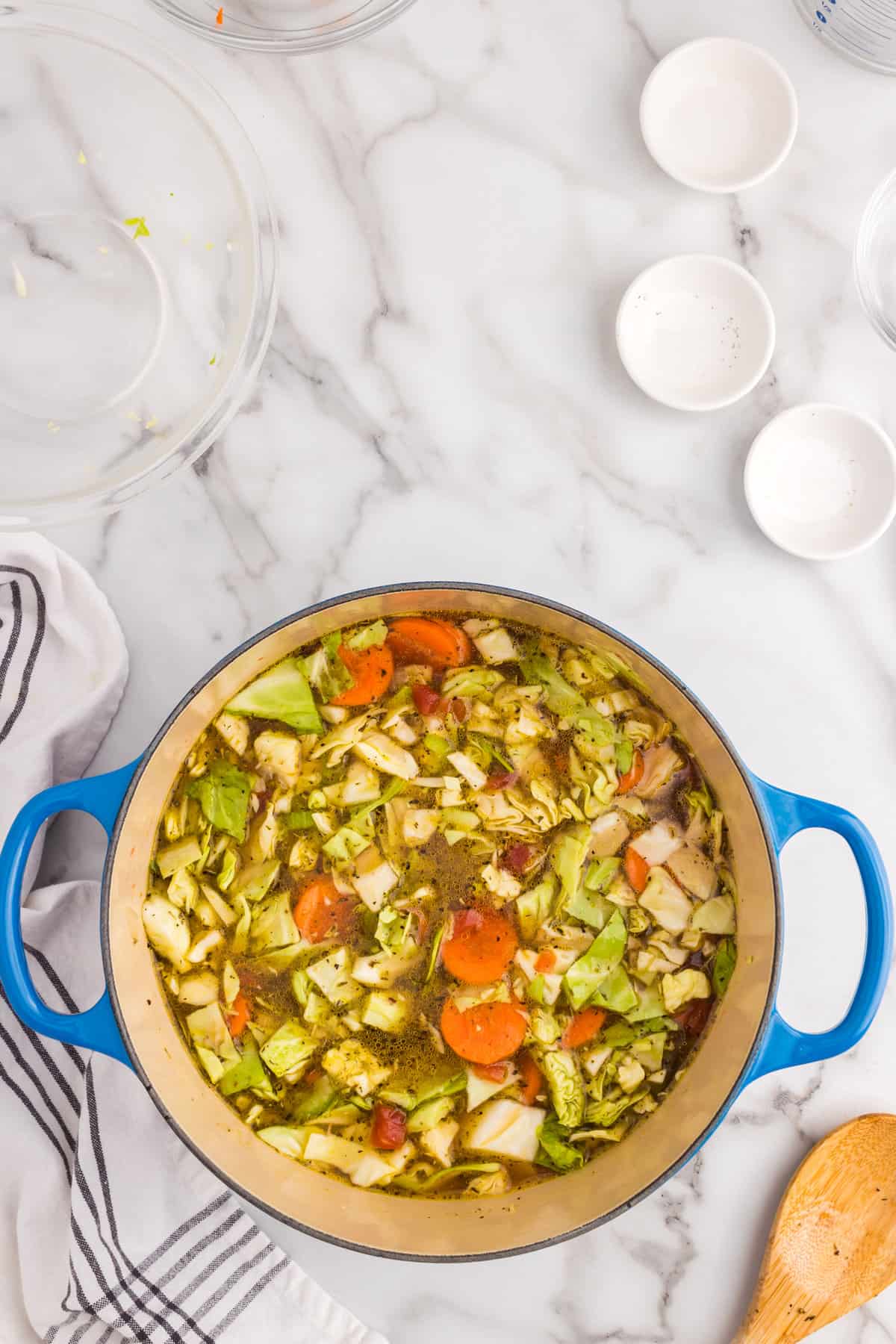 Cabbage Vegetable Soup Ingredients in Dutch Oven