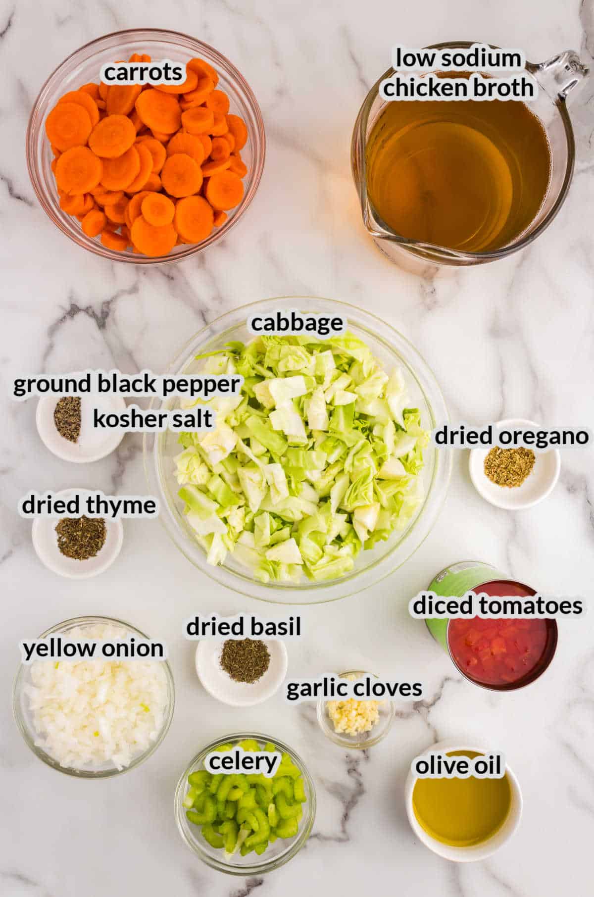 Overhead Image of Cabbage Vegetable Soup Ingredients