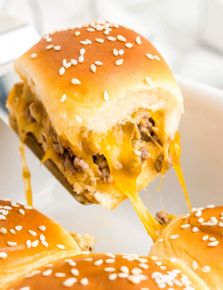 Cheeseburger sliders with hawaiian rolls in baking dish