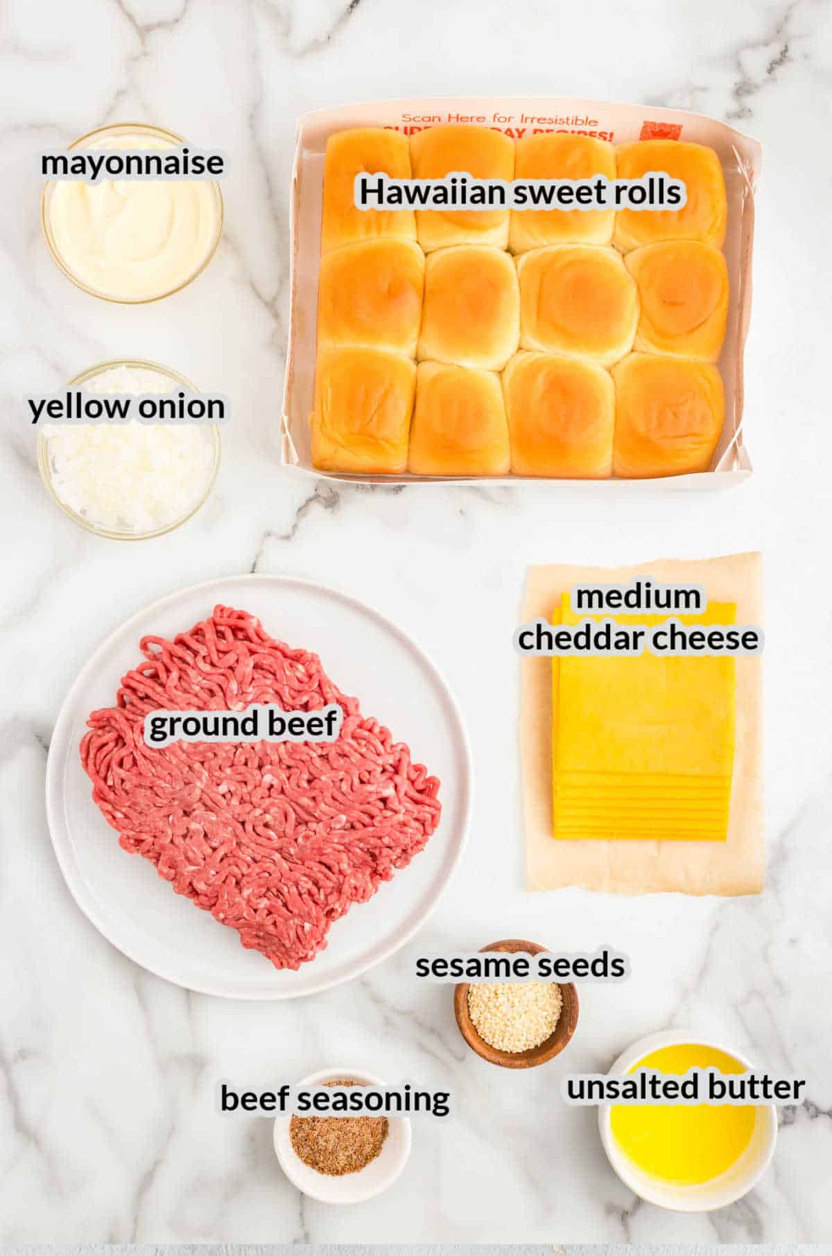 Overhead Image of Cheeseburger Sliders Ingredients