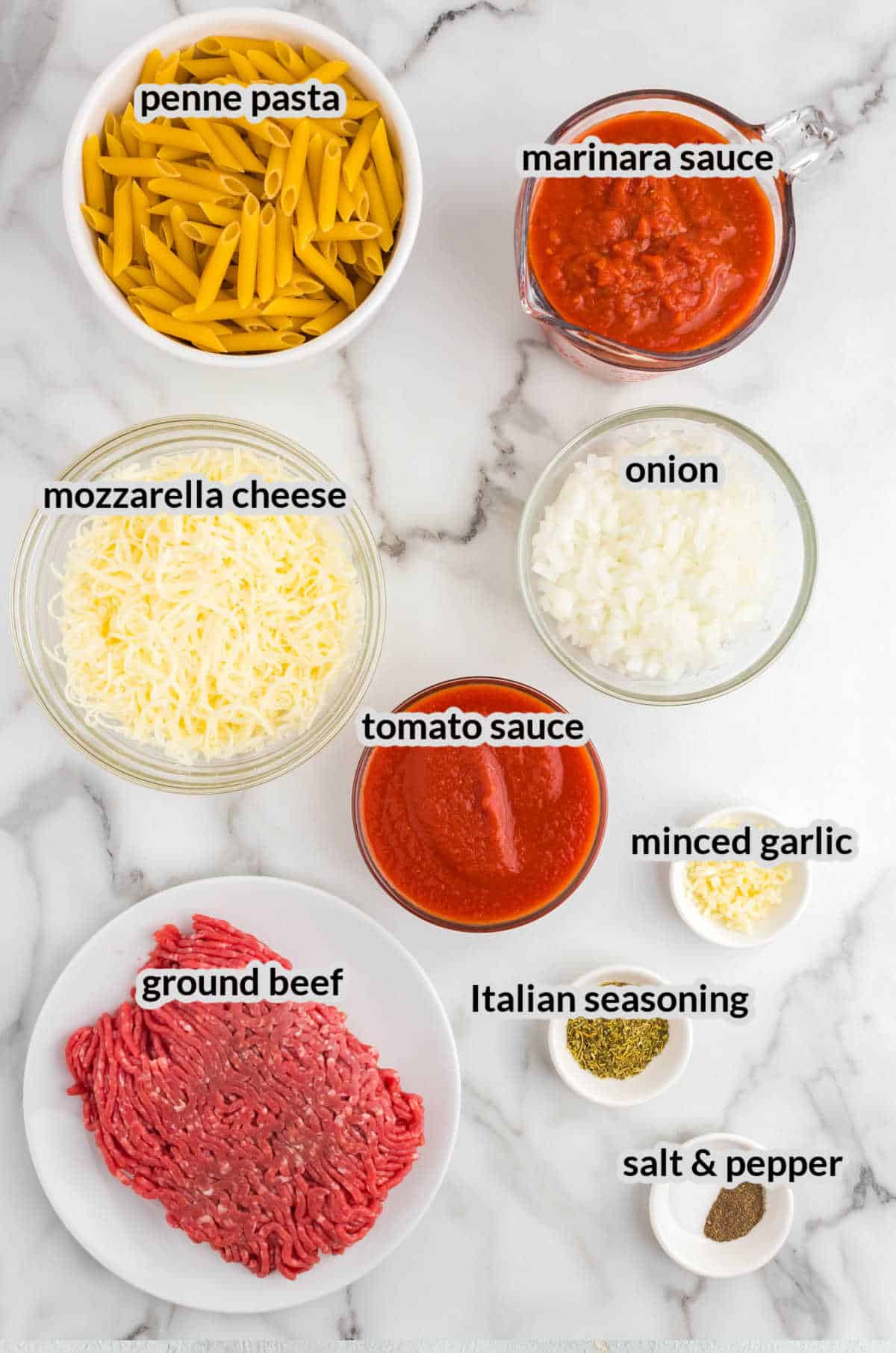 Overhead Image of Ground Beef Casserole Ingredients