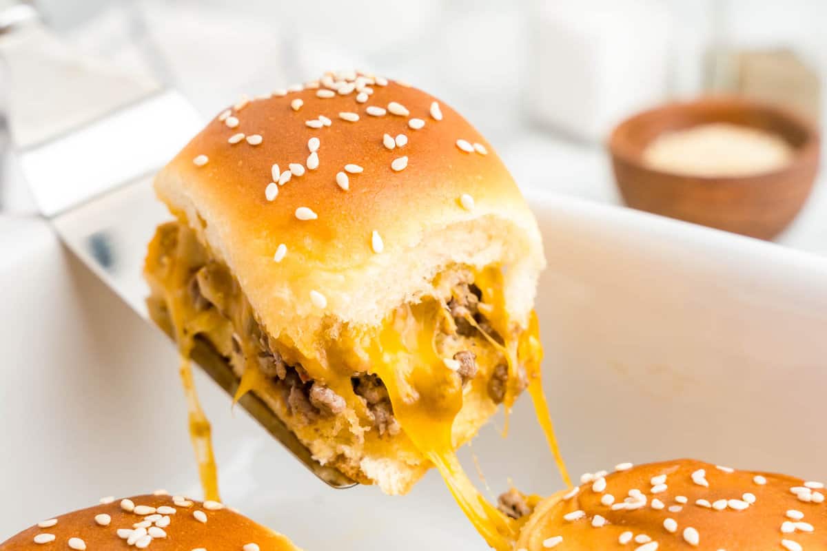 Cheeseburger sliders with hawaiian rolls in baking dish