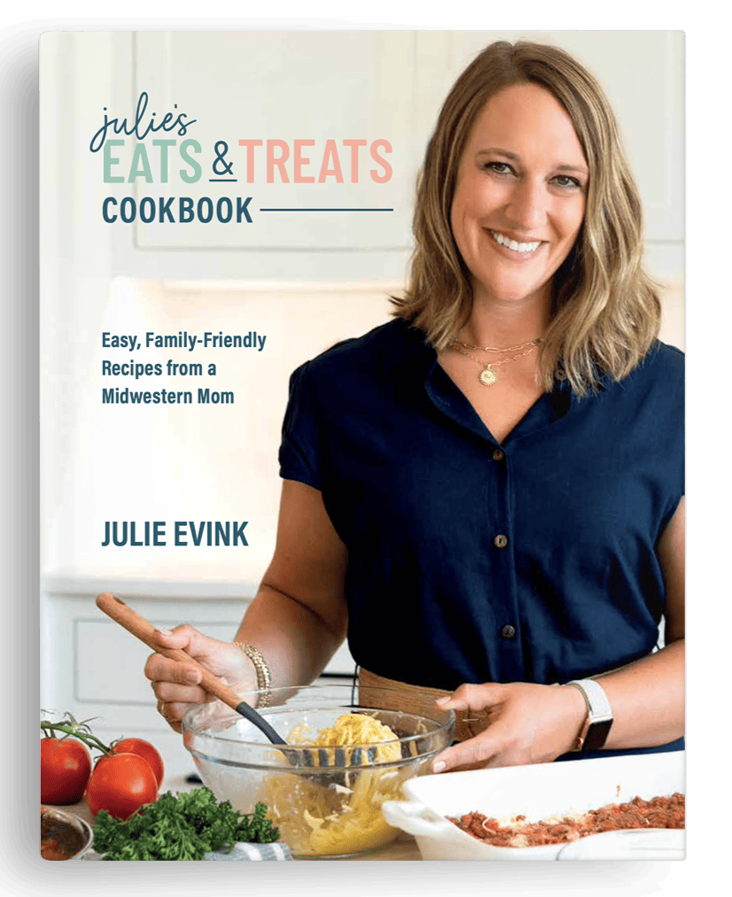 Overhead view of Julie's Eats & Treats Cookbook cover.